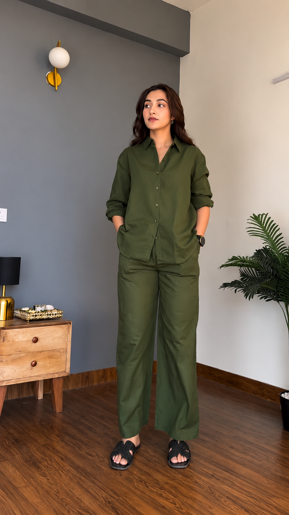 Women's Pure Cotton Co-Ord Set for Women | Full Sleeve Button Down Shirt & Wide Leg Pants | Soft Comfortable Casual Wear