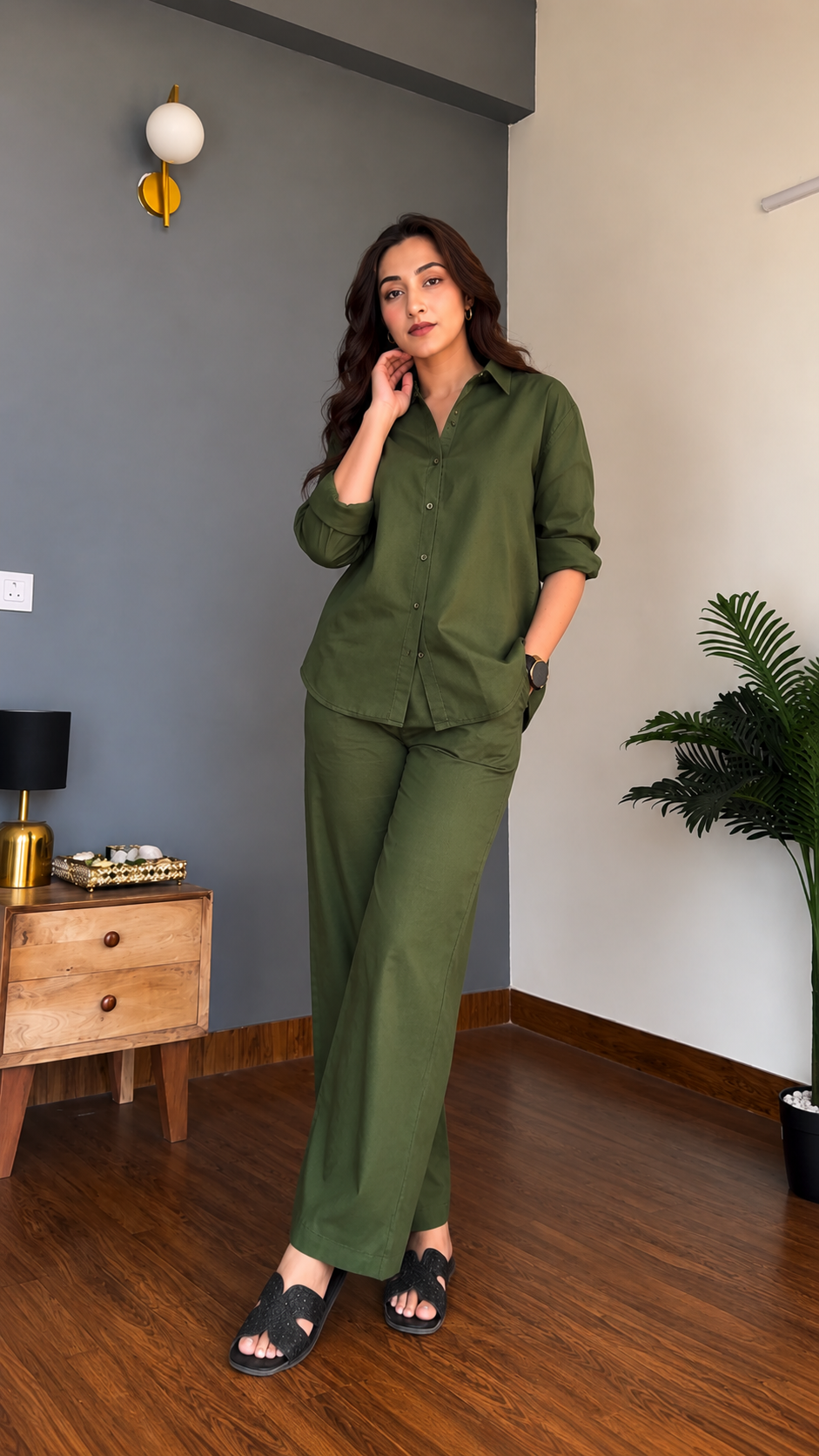 Women's Pure Cotton Co-Ord Set for Women | Full Sleeve Button Down Shirt & Wide Leg Pants | Soft Comfortable Casual Wear