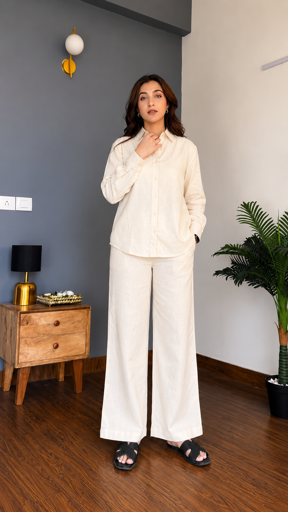 Women's Pure Cotton Co-Ord Set for Women | Full Sleeve Button Down Shirt & Wide Leg Pants | Soft Comfortable Casual Wear