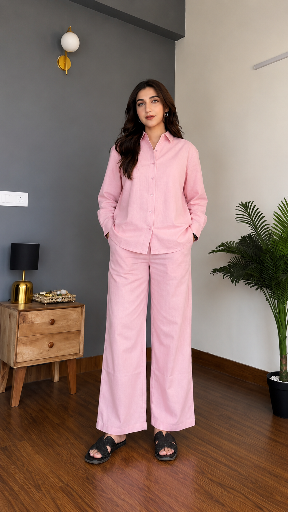 Women's Pure Cotton Co-Ord Set for Women | Full Sleeve Button Down Shirt & Wide Leg Pants | Soft Comfortable Casual Wear