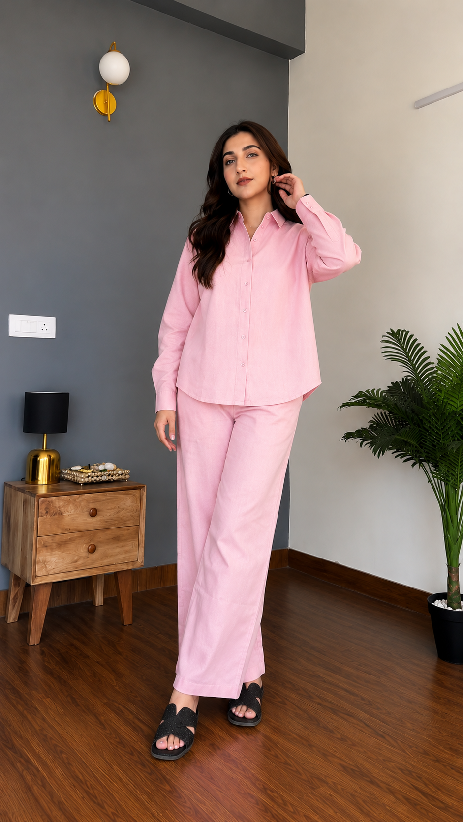 Women's Pure Cotton Co-Ord Set for Women | Full Sleeve Button Down Shirt & Wide Leg Pants | Soft Comfortable Casual Wear