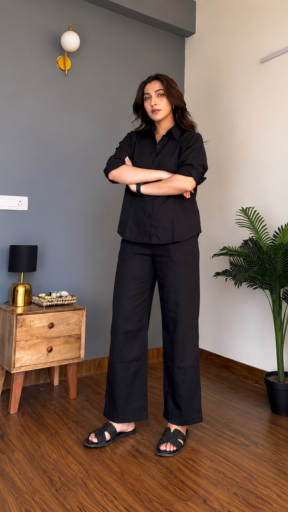 Women's Pure Cotton Co-Ord Set for Women | Full Sleeve Button Down Shirt & Wide Leg Pants | Soft Comfortable Casual Wear