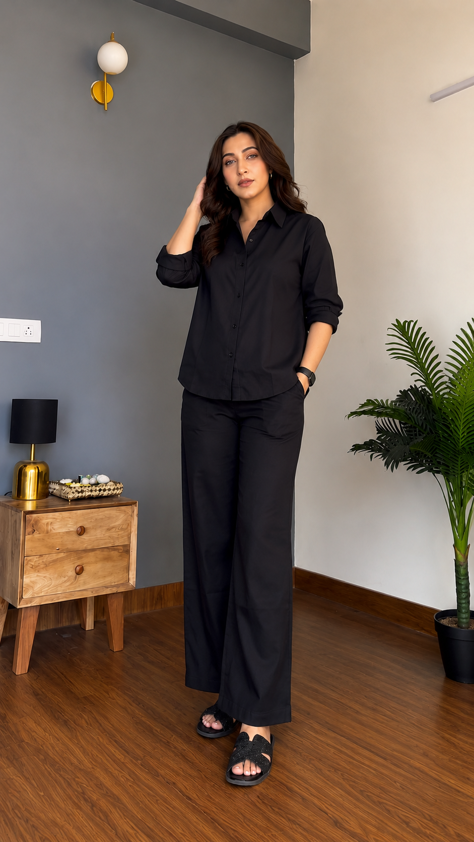 Women's Pure Cotton Co-Ord Set for Women | Full Sleeve Button Down Shirt & Wide Leg Pants | Soft Comfortable Casual Wear