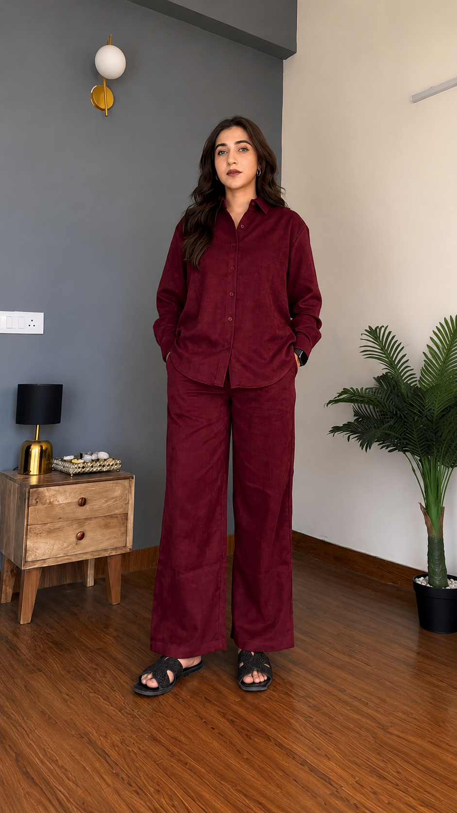 Women's Pure Cotton Co-Ord Set for Women | Full Sleeve Button Down Shirt & Wide Leg Pants | Soft Comfortable Casual Wear