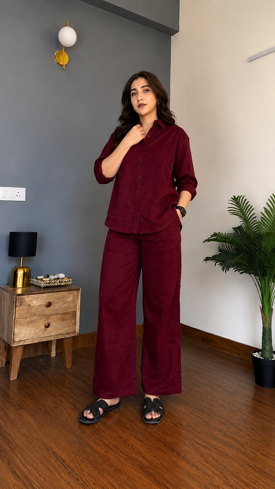 Women's Pure Cotton Co-Ord Set for Women | Full Sleeve Button Down Shirt & Wide Leg Pants | Soft Comfortable Casual Wear