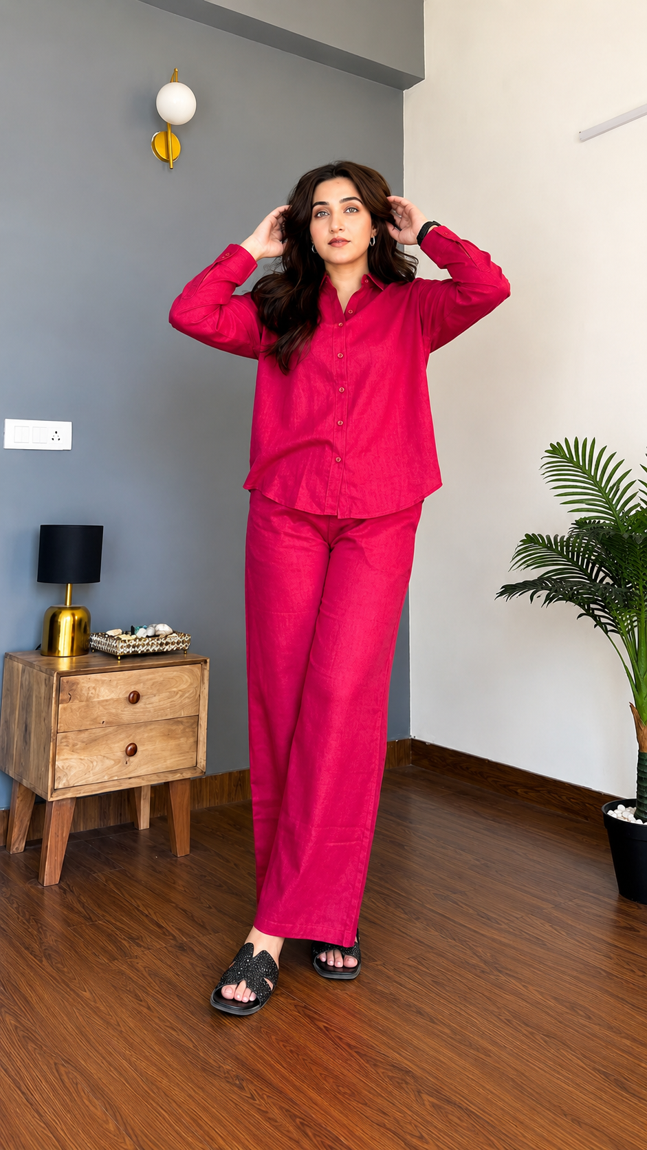 Women's Pure Cotton Co-Ord Set for Women | Full Sleeve Button Down Shirt & Wide Leg Pants | Soft Comfortable Casual Wear