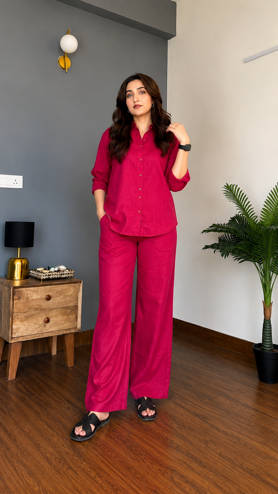 Women's Pure Cotton Co-Ord Set for Women | Full Sleeve Button Down Shirt & Wide Leg Pants | Soft Comfortable Casual Wear