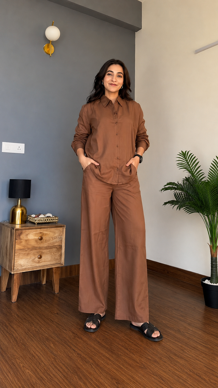 Women's Pure Cotton Co-Ord Set for Women | Full Sleeve Button Down Shirt & Wide Leg Pants | Soft Comfortable Casual Wear