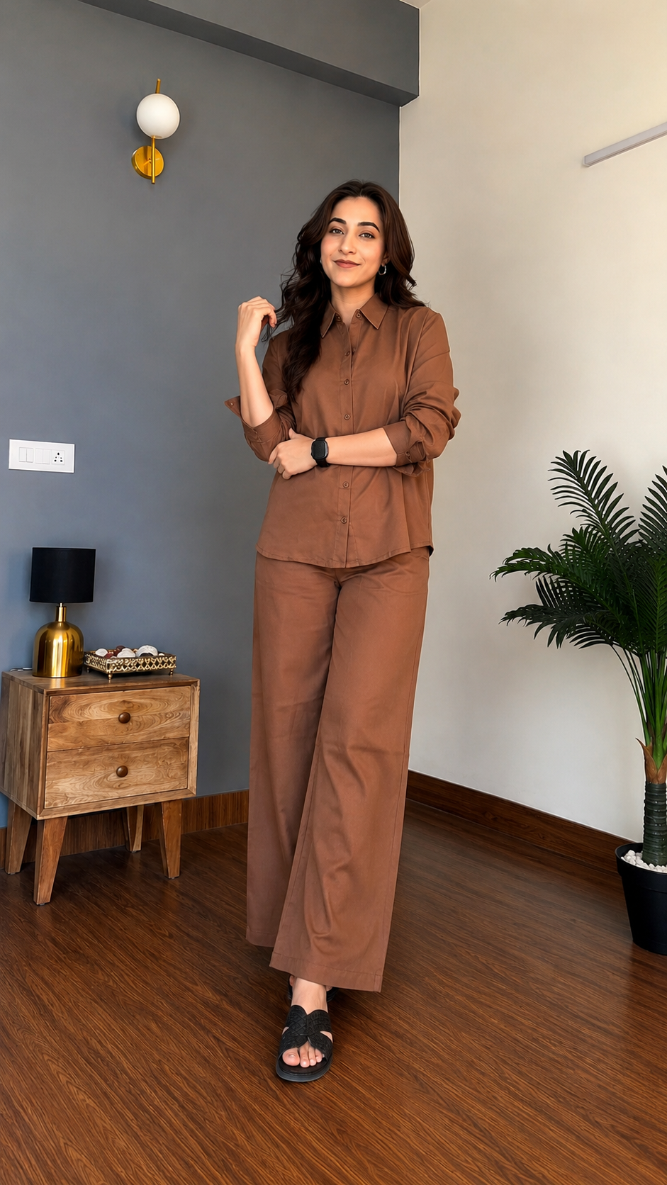 Women's Pure Cotton Co-Ord Set for Women | Full Sleeve Button Down Shirt & Wide Leg Pants | Soft Comfortable Casual Wear
