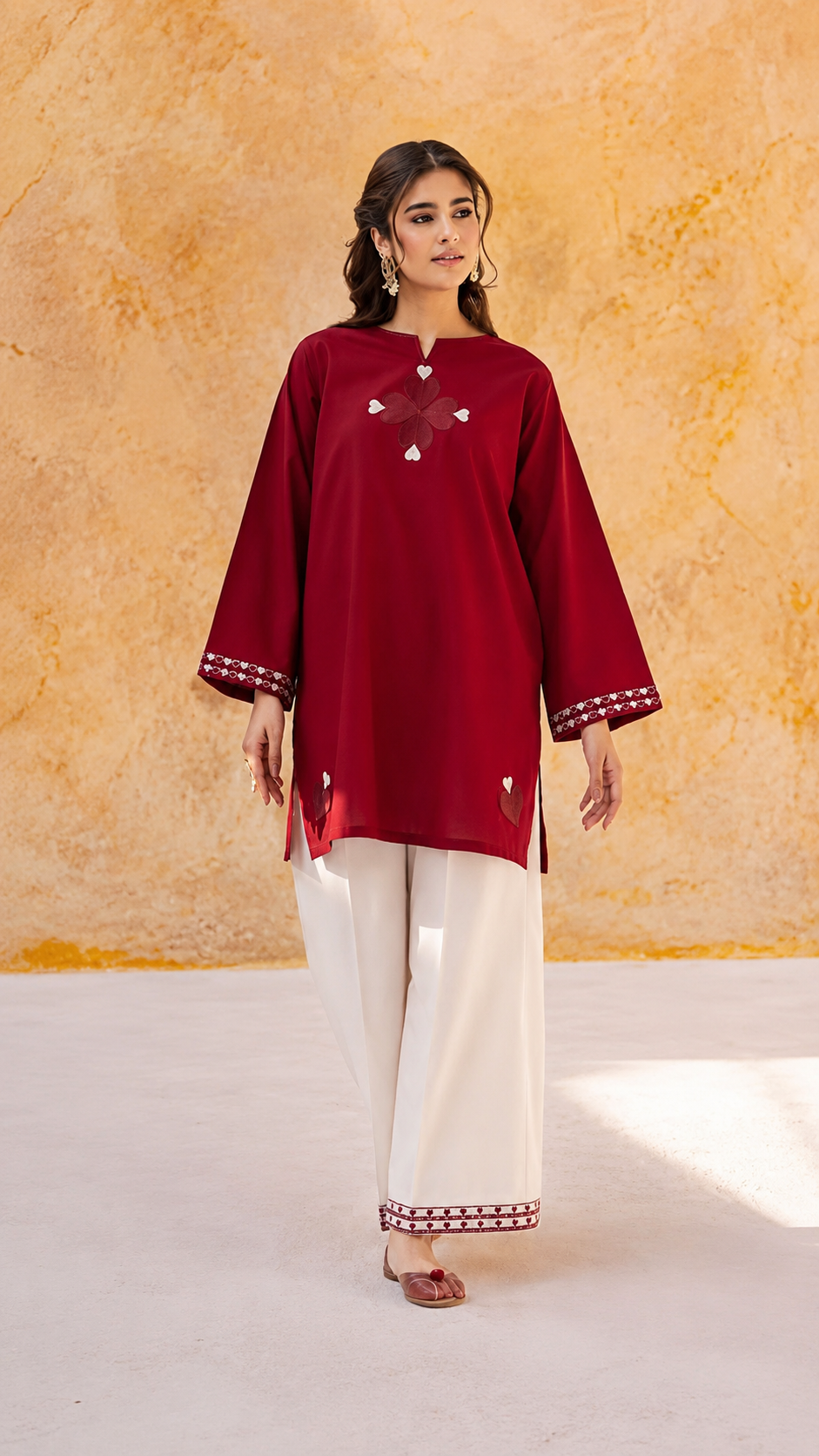 Women's Premium Cotton Embroidered Short Kurti with Farsi Salwar Co-Ord Set | Red | Cotton 60/60
