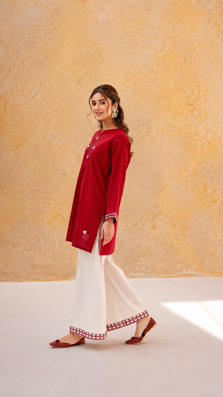 Women's Premium Cotton Embroidered Short Kurti with Farsi Salwar Co-Ord Set | Red | Cotton 60/60