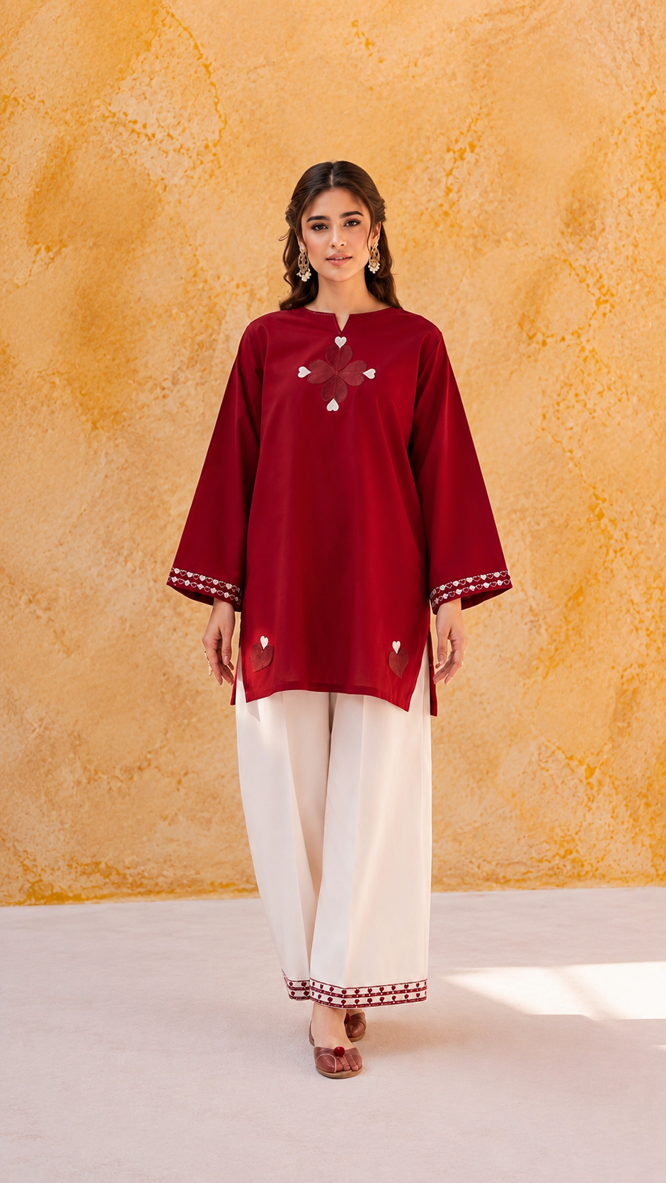 Women's Premium Cotton Embroidered Short Kurti with Farsi Salwar Co-Ord Set | Red | Cotton 60/60
