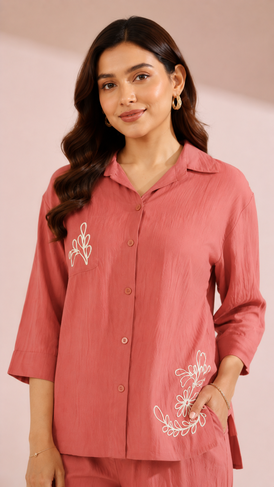 Women’s Pink Embroidered Co-Ord Set | Stylish Shirt & Palazzo Set | Casual Designer Outfit