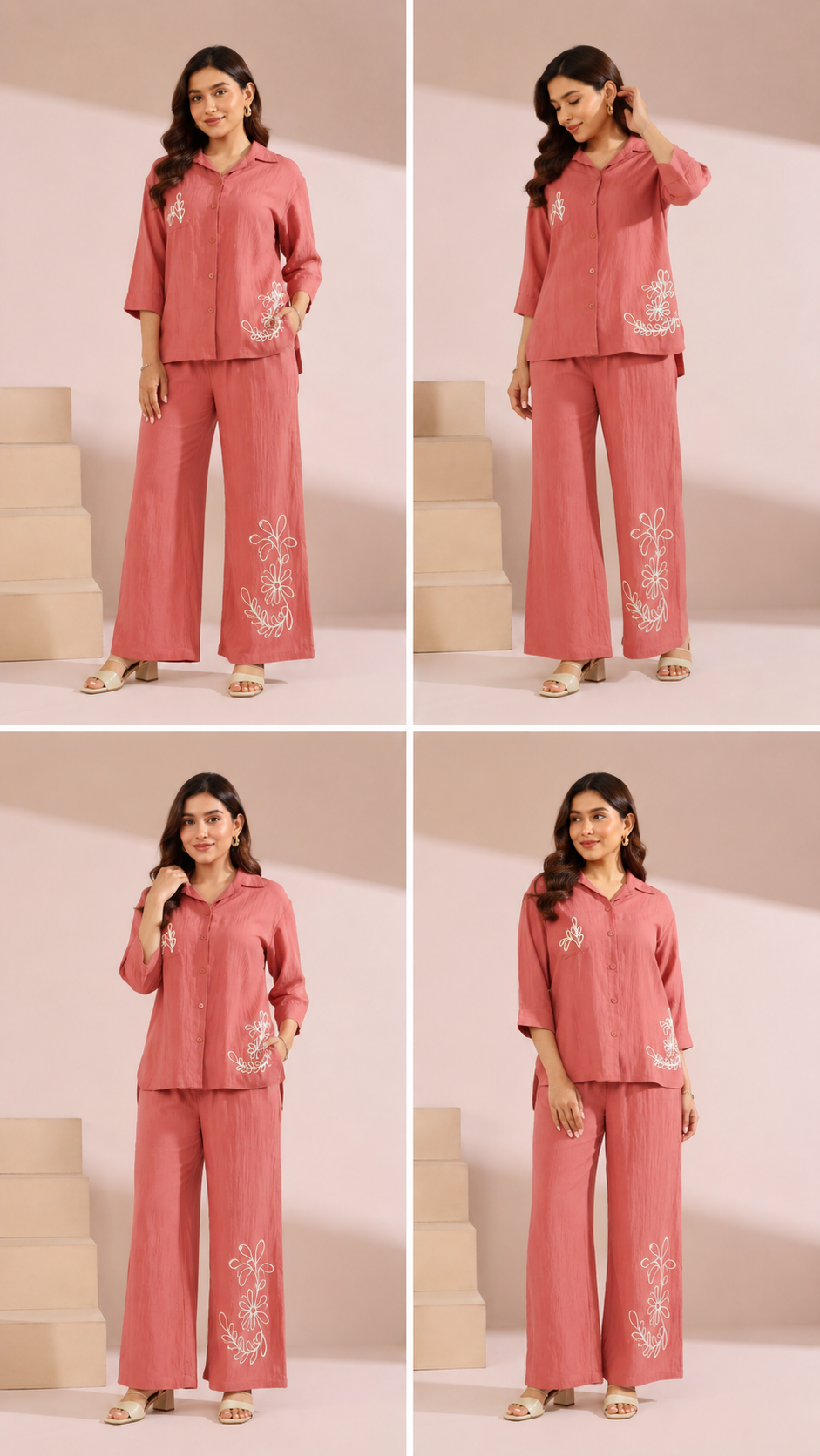 Women’s Pink Embroidered Co-Ord Set | Stylish Shirt & Palazzo Set | Casual Designer Outfit