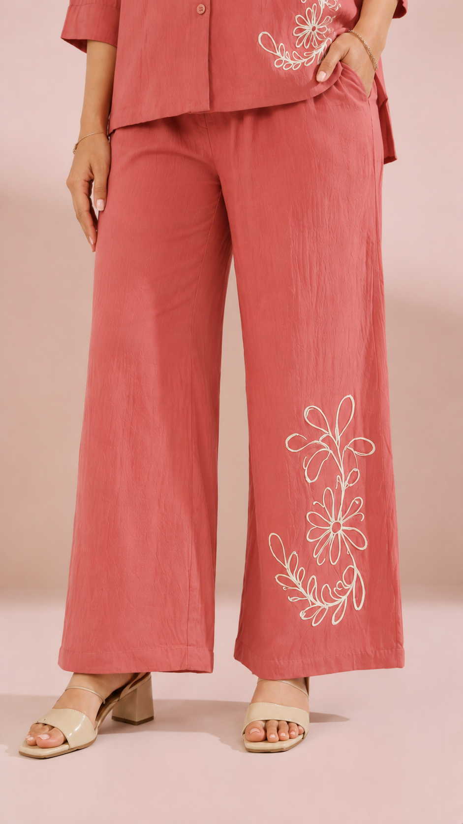 Women’s Pink Embroidered Co-Ord Set | Stylish Shirt & Palazzo Set | Casual Designer Outfit