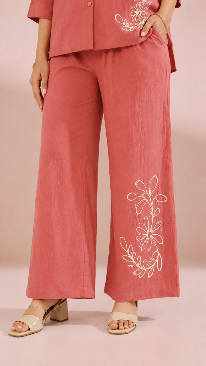 Women’s Pink Embroidered Co-Ord Set | Stylish Shirt & Palazzo Set | Casual Designer Outfit