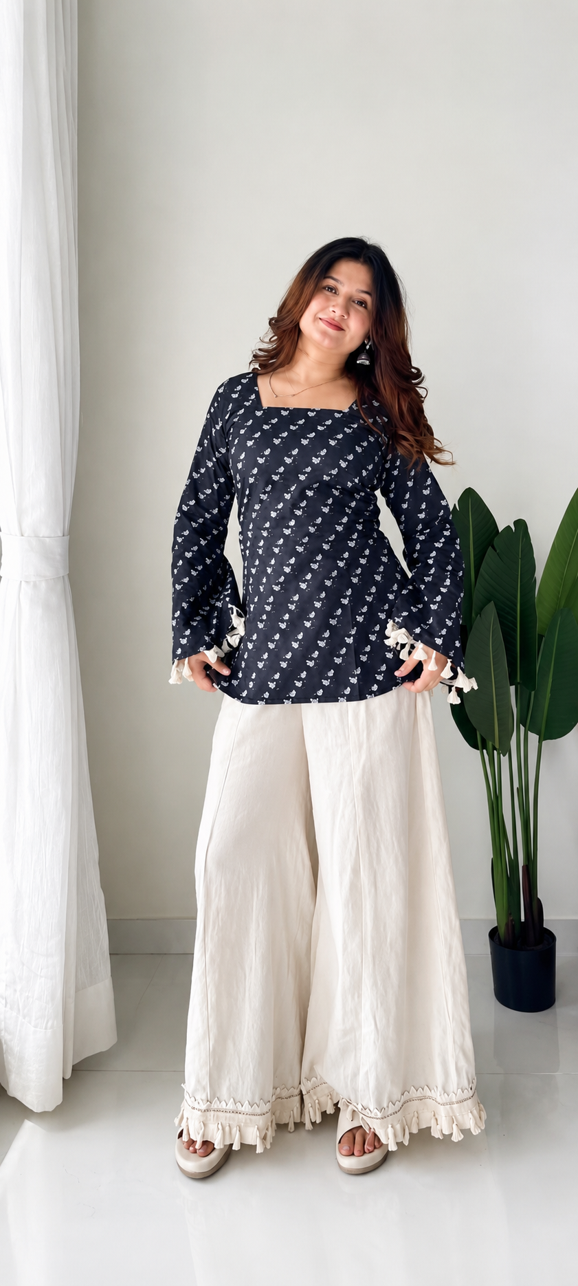 Women’s Navy Blue Printed Kurta with Cream Palazzo Set