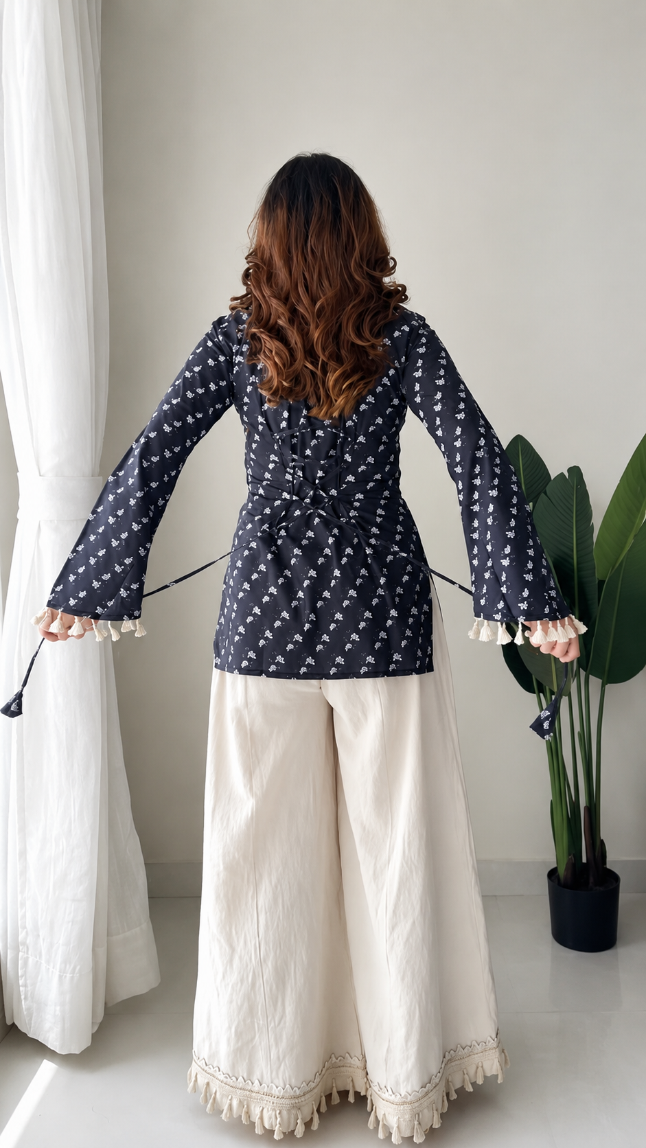 Women’s Navy Blue Printed Kurta with Cream Palazzo Set
