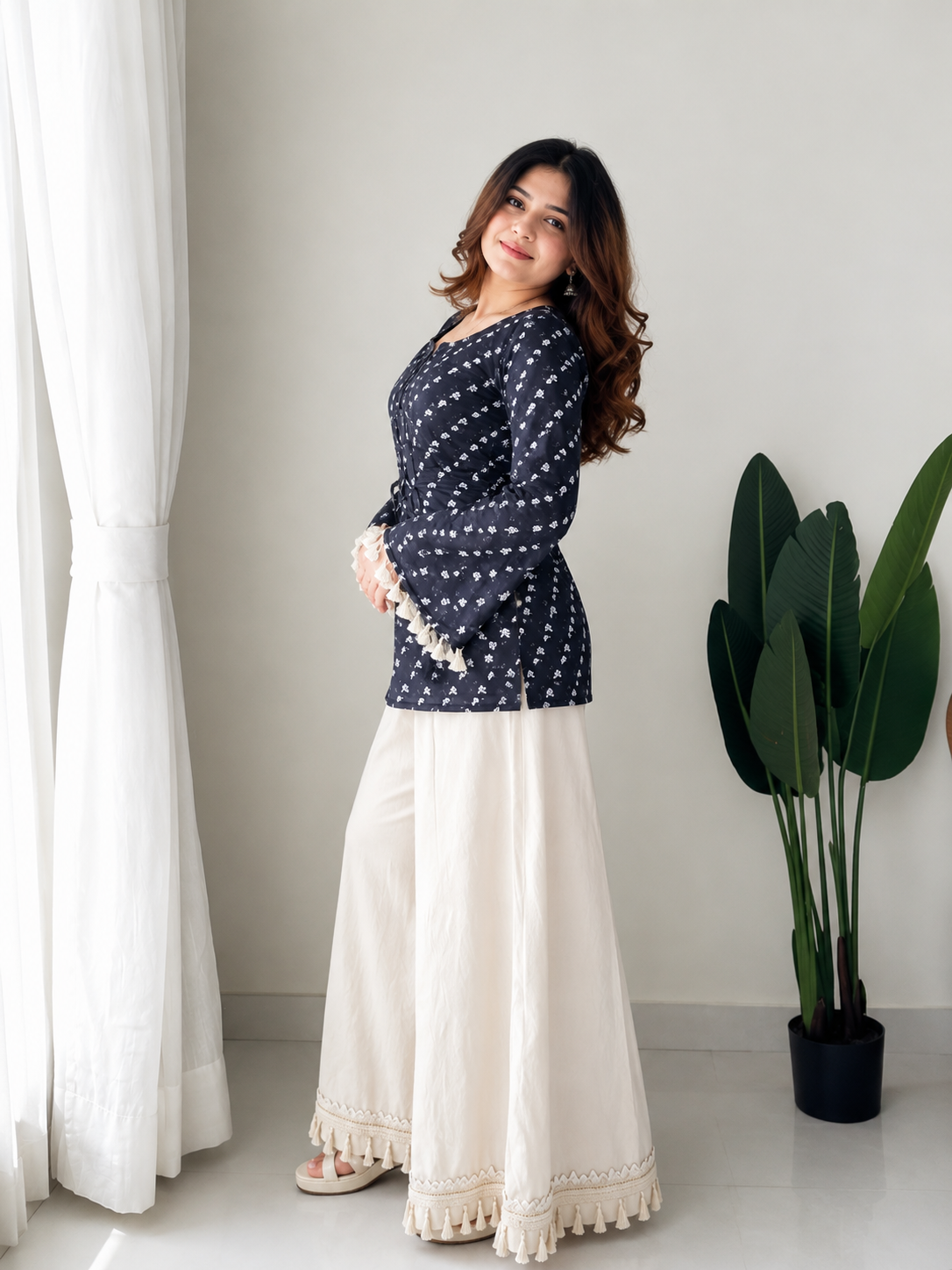 Women’s Navy Blue Printed Kurta with Cream Palazzo Set