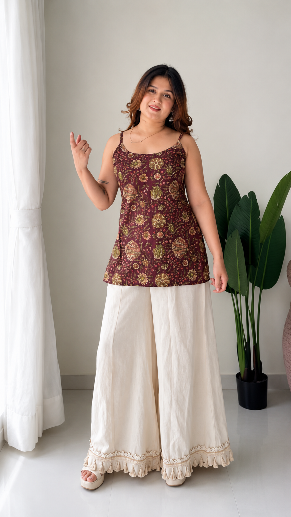 Women’s Maroon Floral Printed Full Sleeve Kurta Palazzo Set