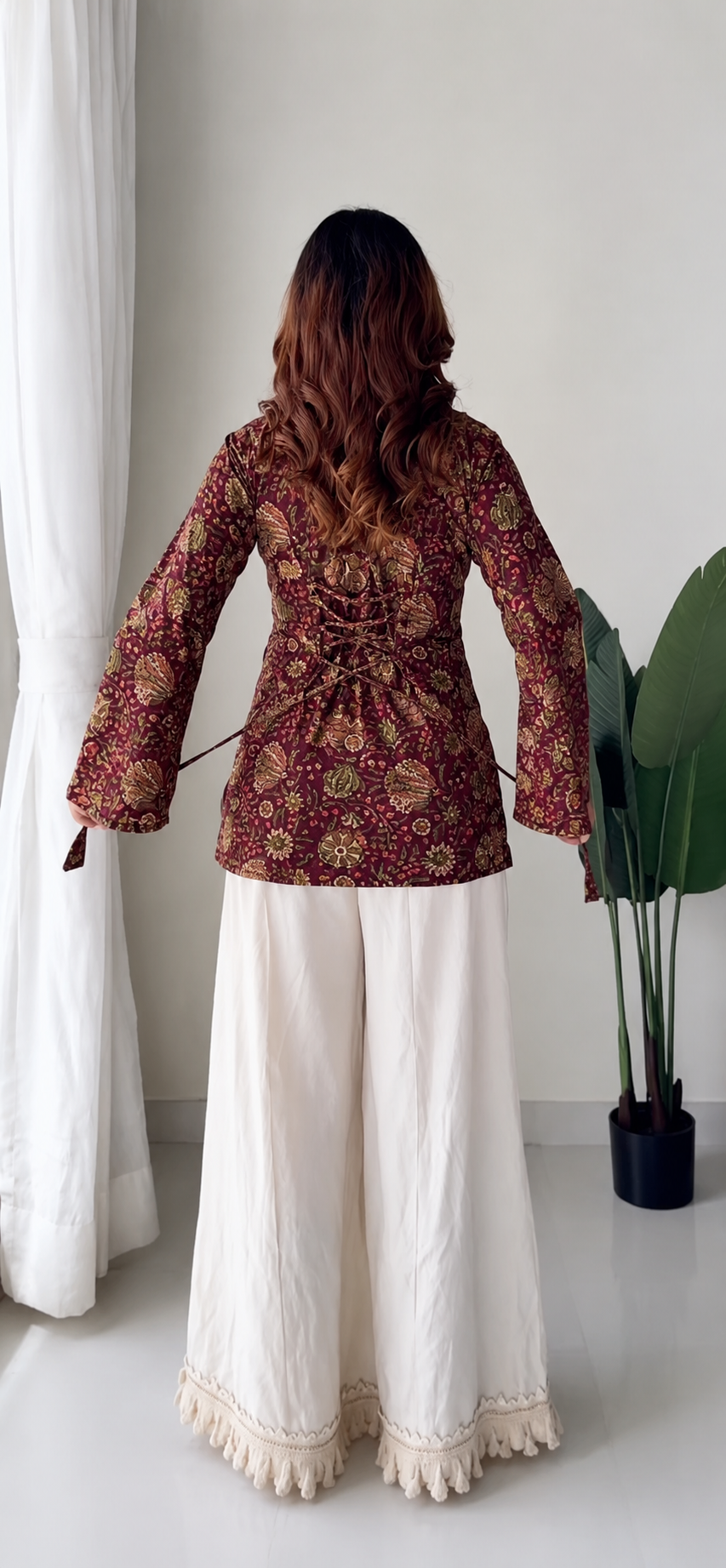 Women’s Maroon Floral Printed Full Sleeve Kurta Palazzo Set