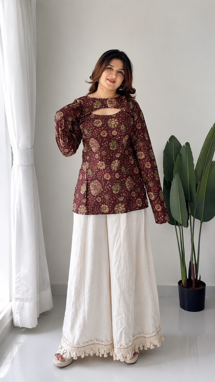 Women’s Maroon Floral Printed Full Sleeve Kurta Palazzo Set