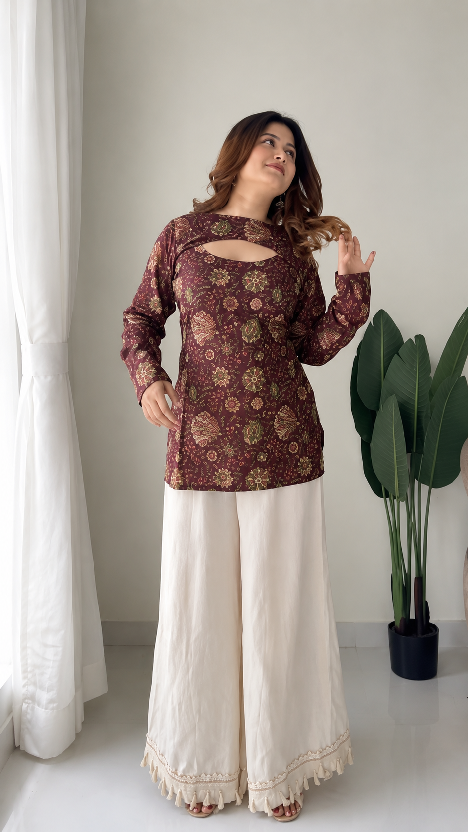 Women’s Maroon Floral Printed Full Sleeve Kurta Palazzo Set