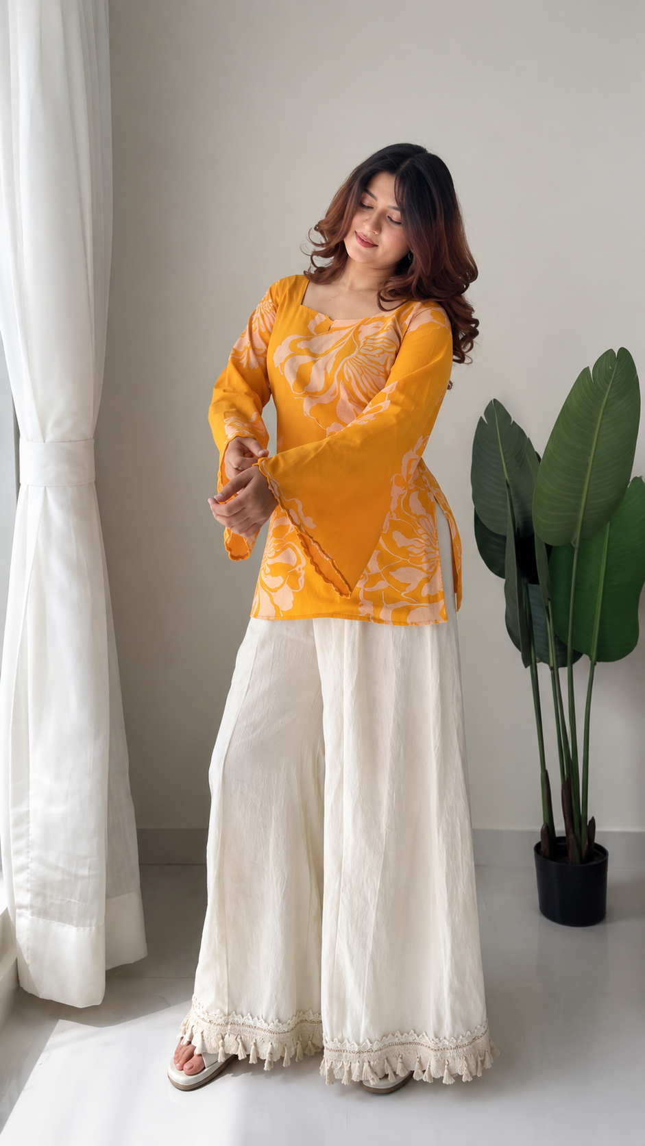Women’s Mustard Floral Printed Bell Sleeve Kurta Palazzo Set