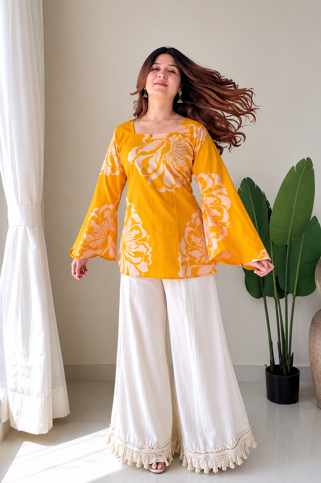 Women’s Mustard Floral Printed Bell Sleeve Kurta Palazzo Set