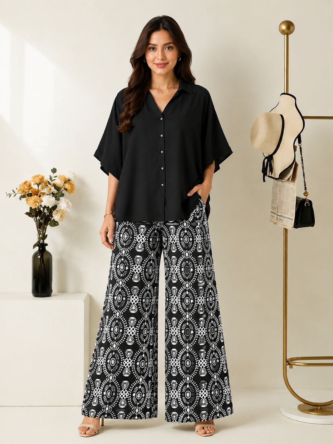 Women's Rayon Shirt Top & Printed Lycra Palazzo Co-Ord Set | Casual Summer Wear | Digital Print | Side Pocket