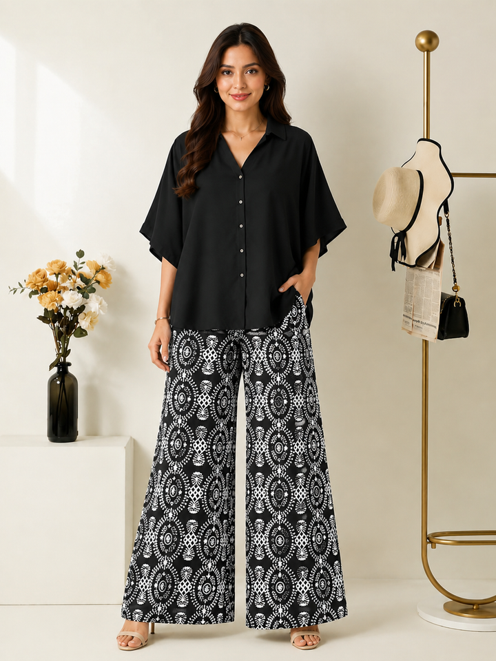 Women's Rayon Shirt Top & Printed Lycra Palazzo Co-Ord Set | Casual Summer Wear | Digital Print | Side Pocket