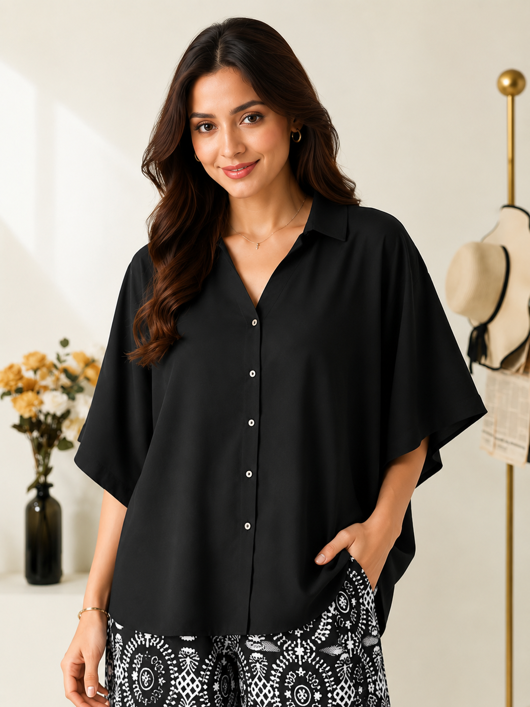 Women's Rayon Shirt Top & Printed Lycra Palazzo Co-Ord Set | Casual Summer Wear | Digital Print | Side Pocket