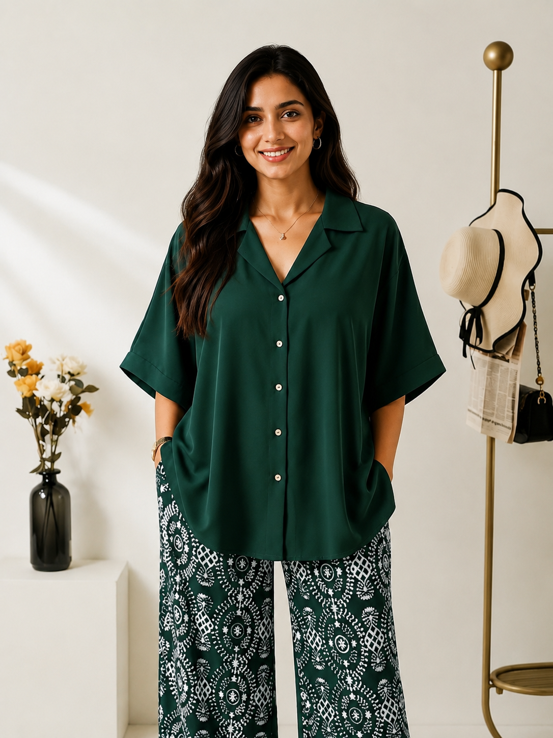 Women's Rayon Shirt Top & Printed Lycra Palazzo Co-Ord Set | Casual Summer Wear | Digital Print | Side Pocket