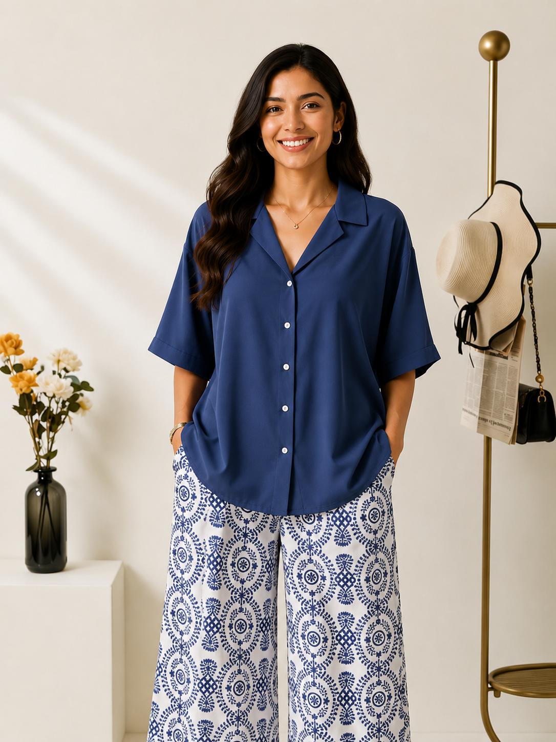 Women's Rayon Shirt Top & Printed Lycra Palazzo Co-Ord Set | Casual Summer Wear | Digital Print | Side Pocket