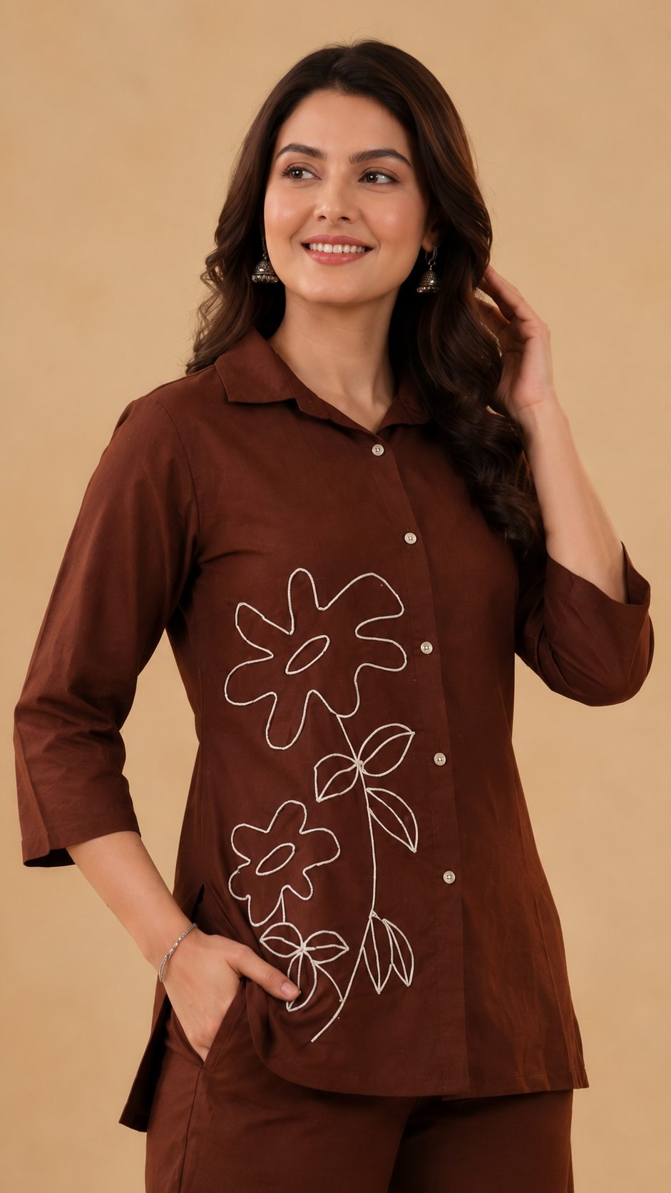 Brown Floral Embroidery Co-Ord Set for Women | Premium Casual Wear | Stylish Shirt & Palazzo Set
