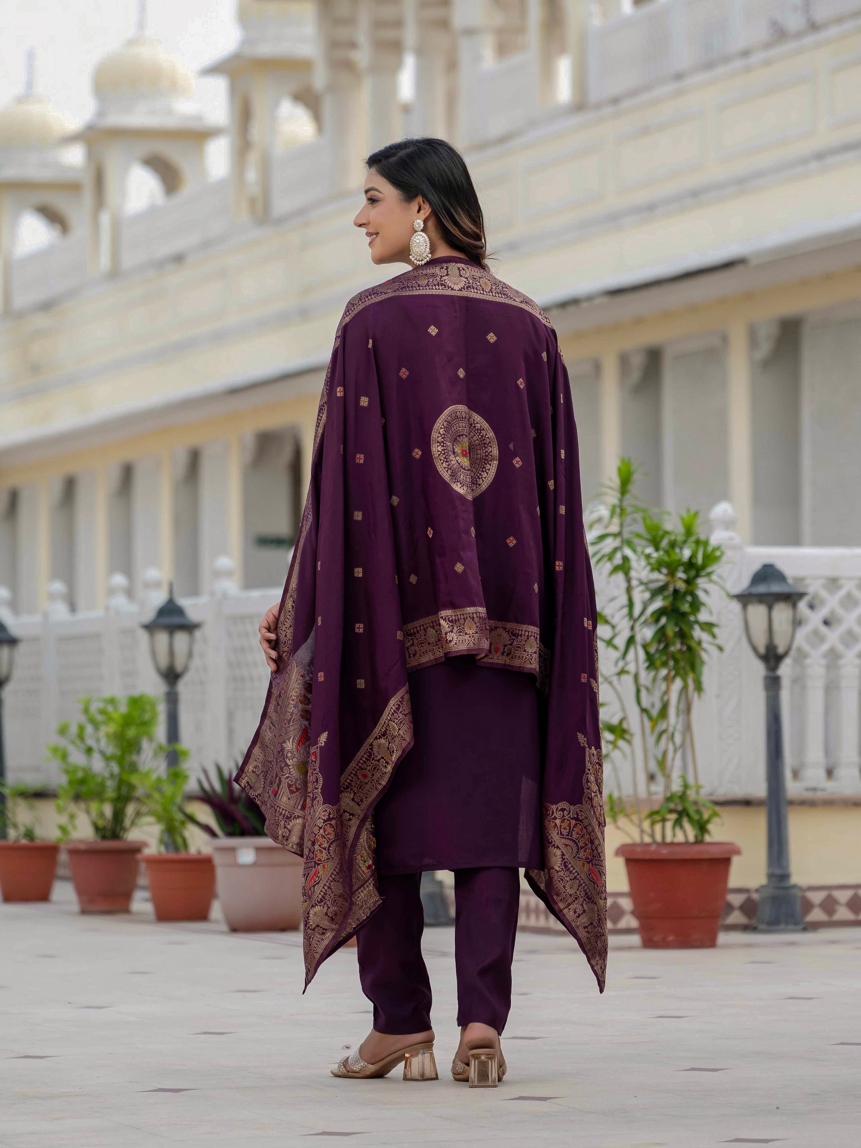 Roman Silk Kurti Pant Dupatta Set with Sequins Embroidery (Festive Wear)