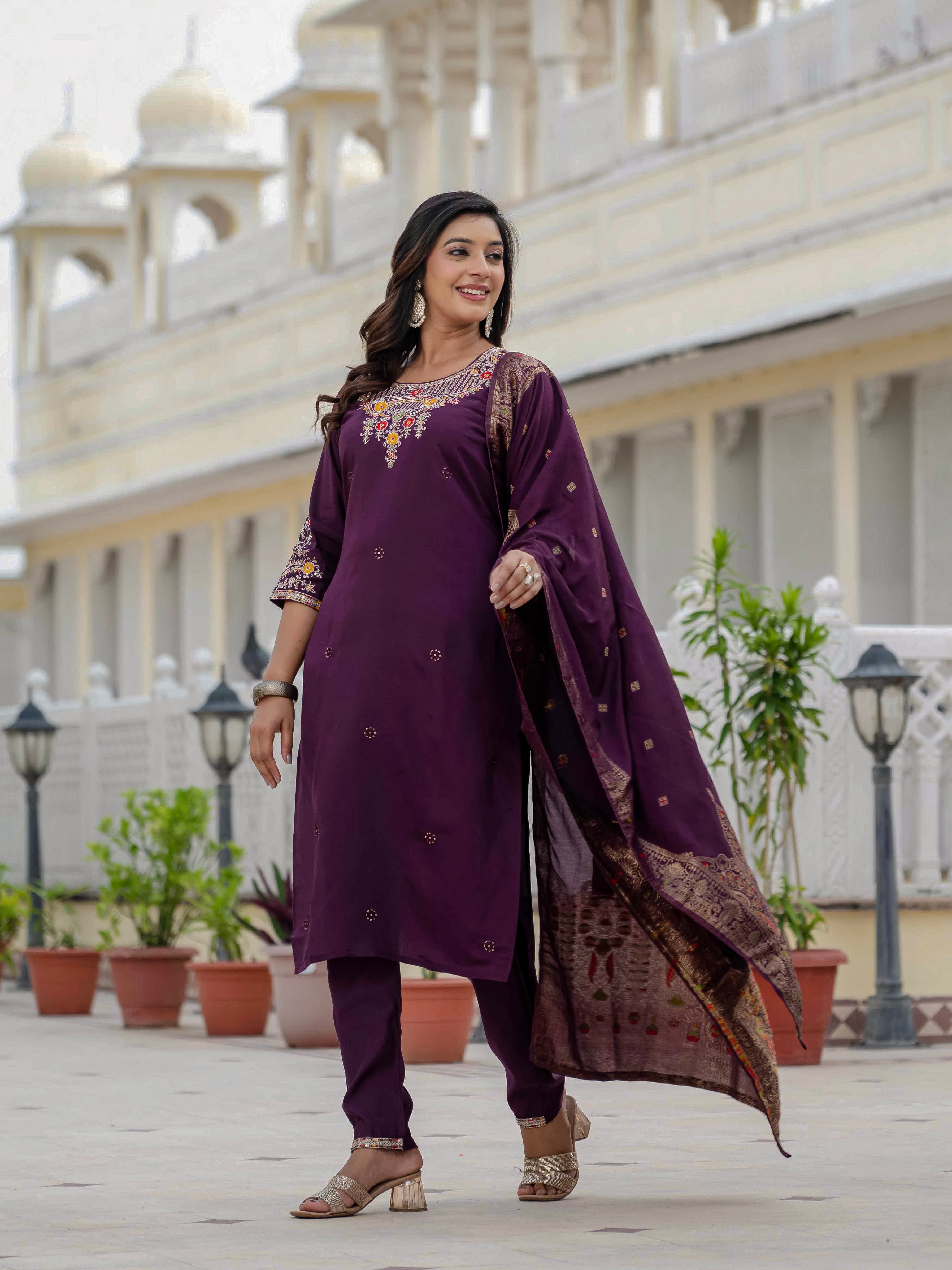 Roman Silk Kurti Pant Dupatta Set with Sequins Embroidery (Festive Wear)
