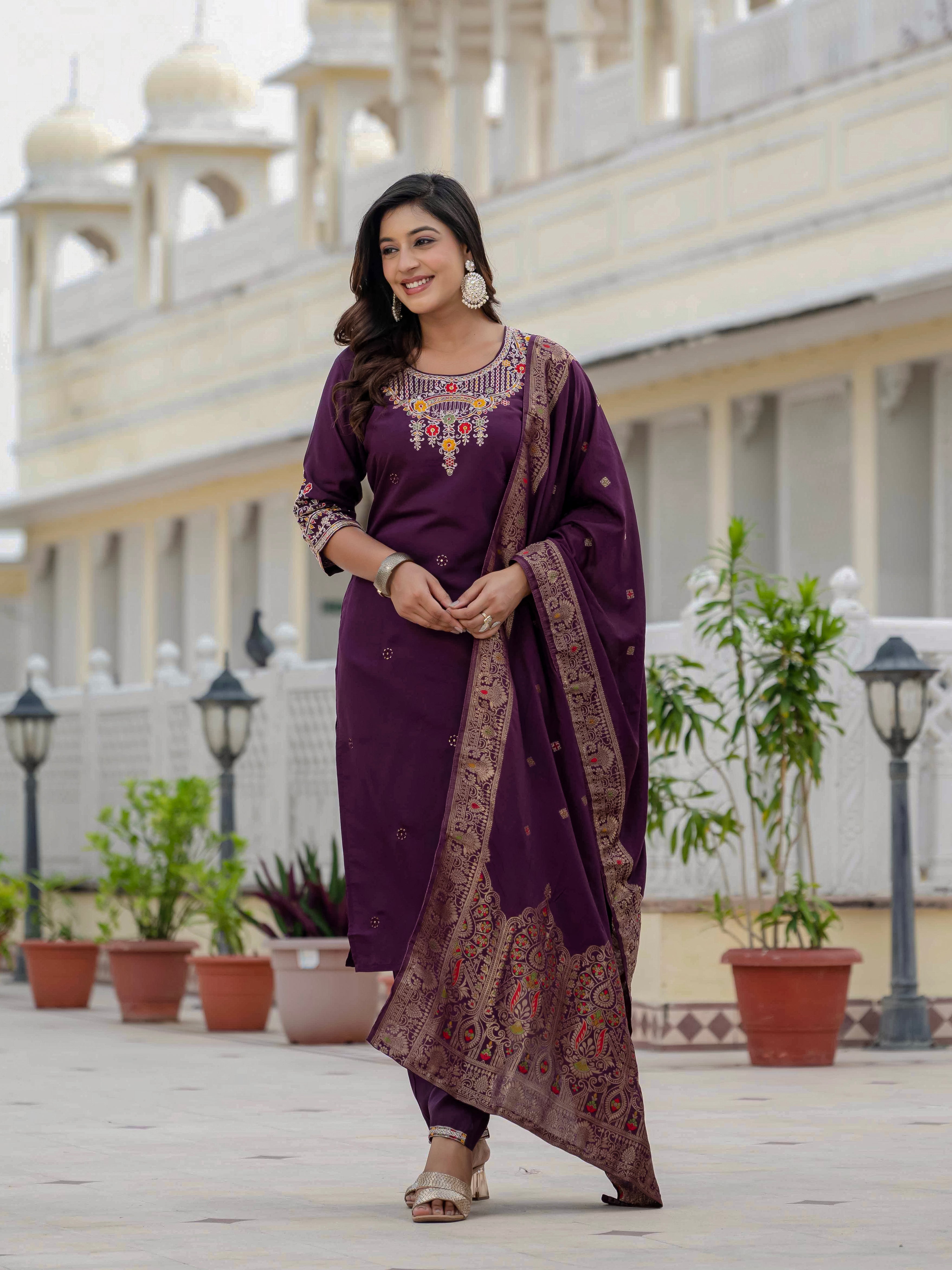 Roman Silk Kurti Pant Dupatta Set with Sequins Embroidery (Festive Wear)