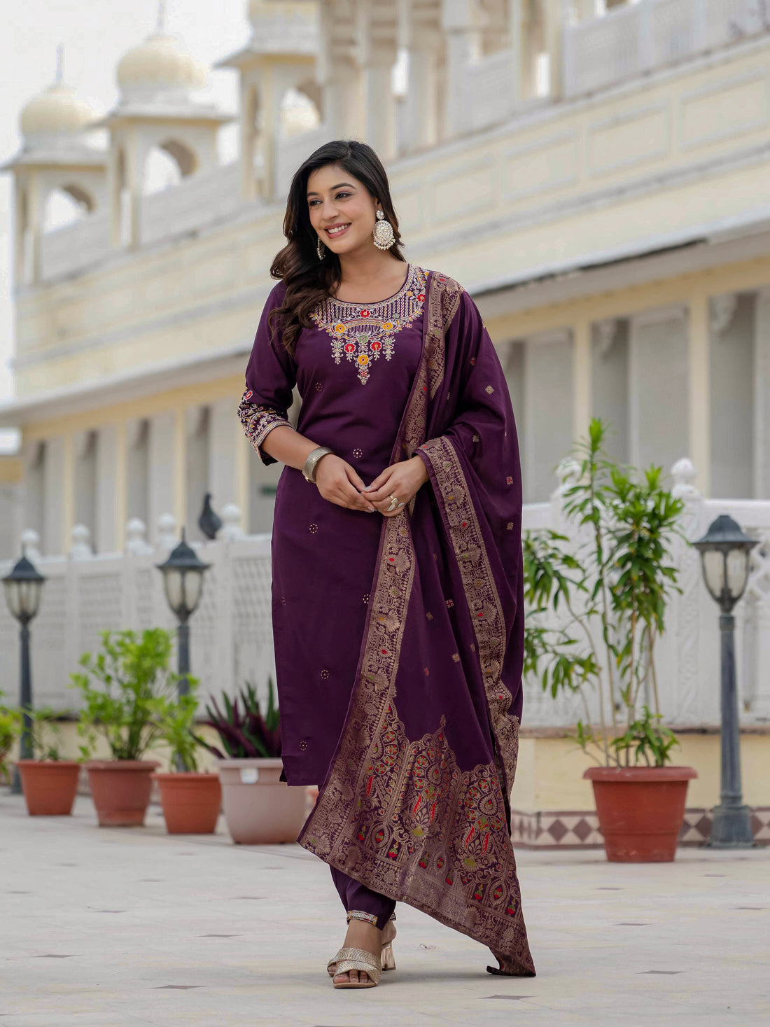 Roman Silk Kurti Pant Dupatta Set with Sequins Embroidery (Festive Wear)