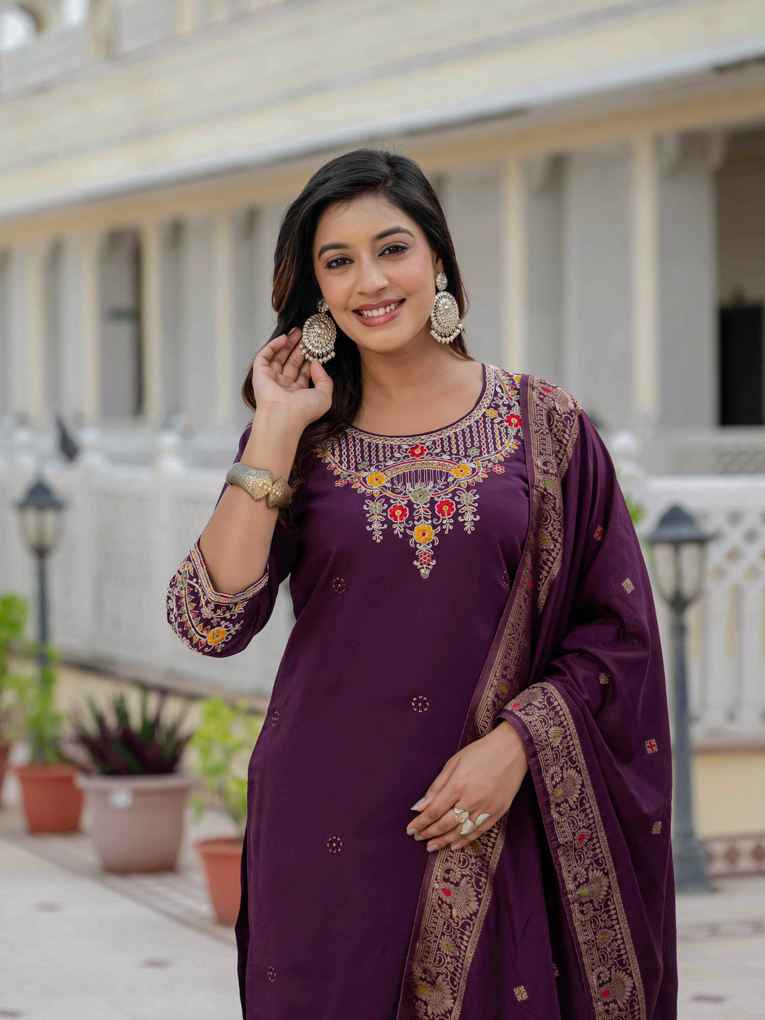 Roman Silk Kurti Pant Dupatta Set with Sequins Embroidery (Festive Wear)
