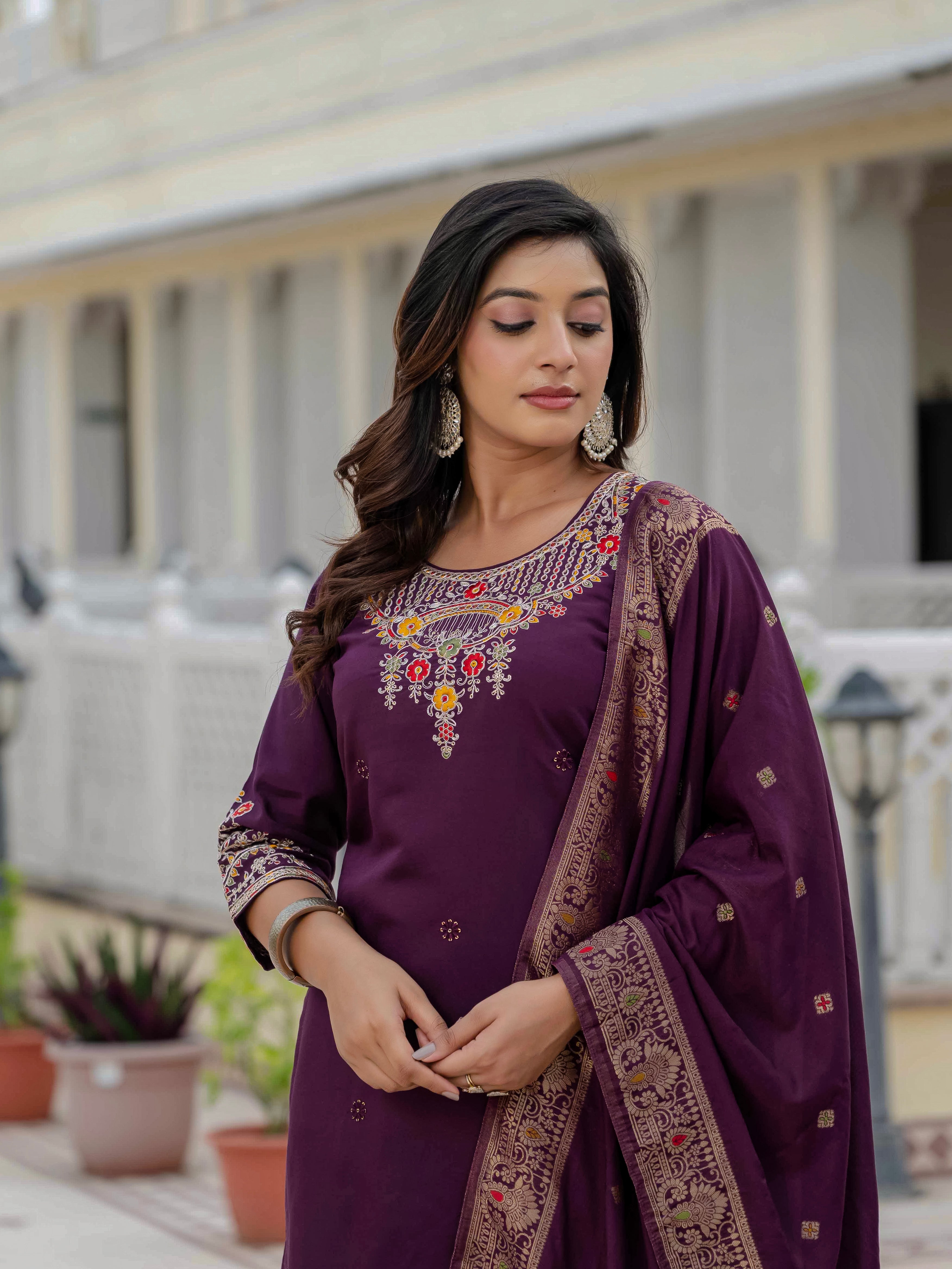 Roman Silk Kurti Pant Dupatta Set with Sequins Embroidery (Festive Wear)