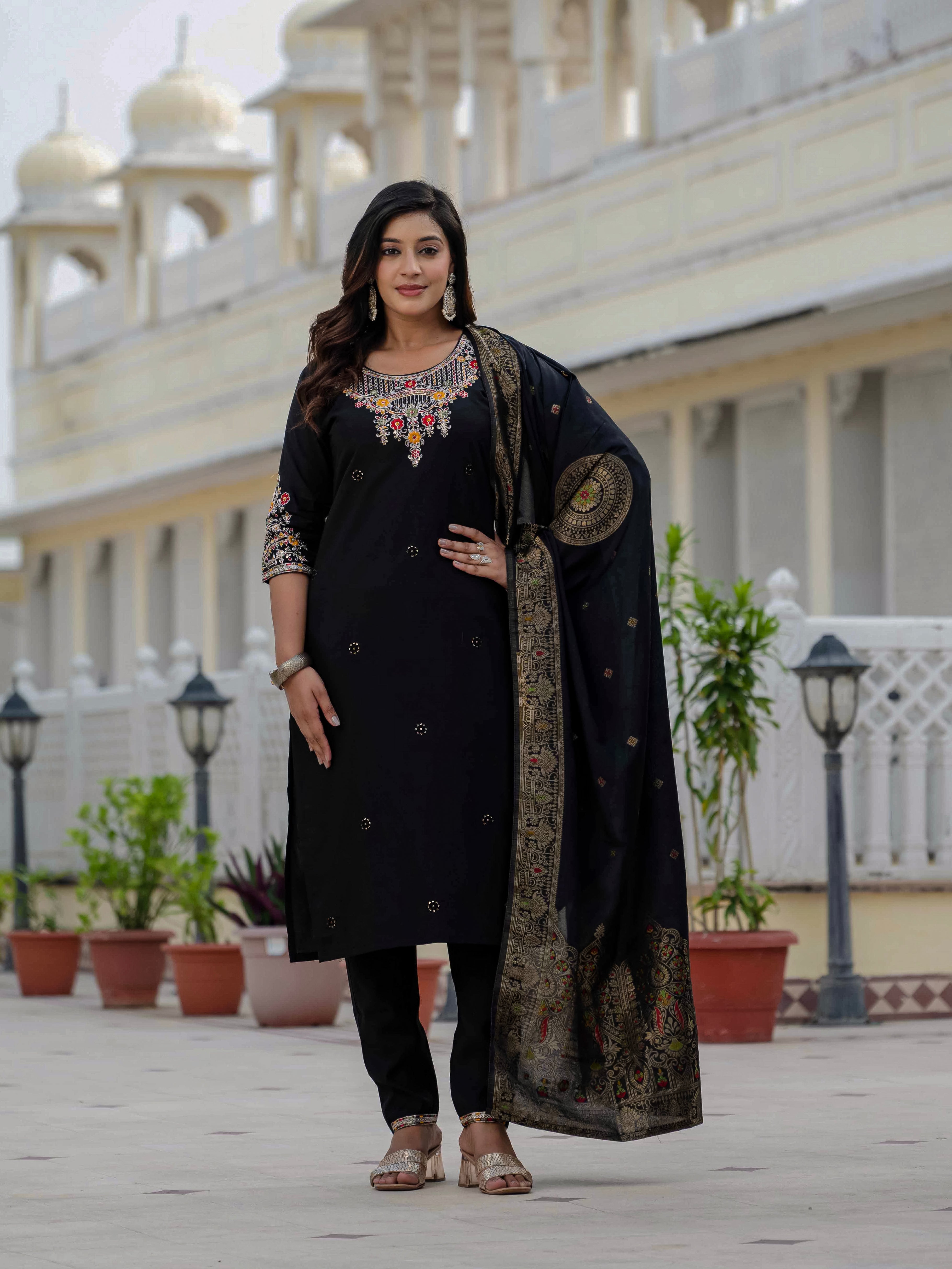 Roman Silk Kurti Pant Dupatta Set with Sequins Embroidery (Festive Wear)