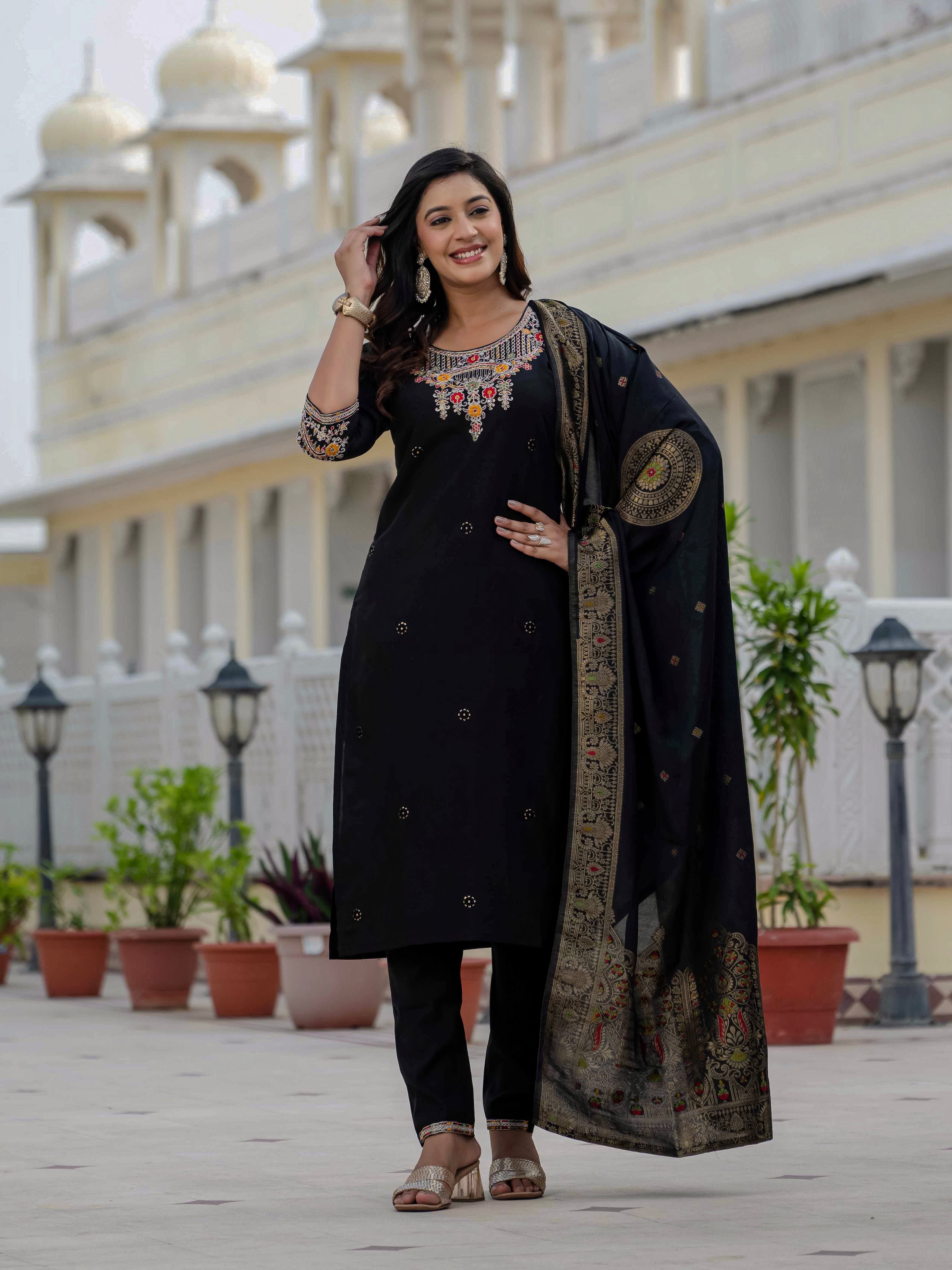 Roman Silk Kurti Pant Dupatta Set with Sequins Embroidery (Festive Wear)