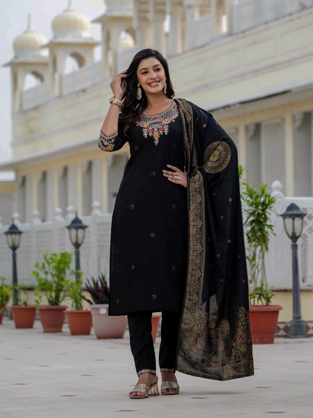 Roman Silk Kurti Pant Dupatta Set with Sequins Embroidery (Festive Wear)