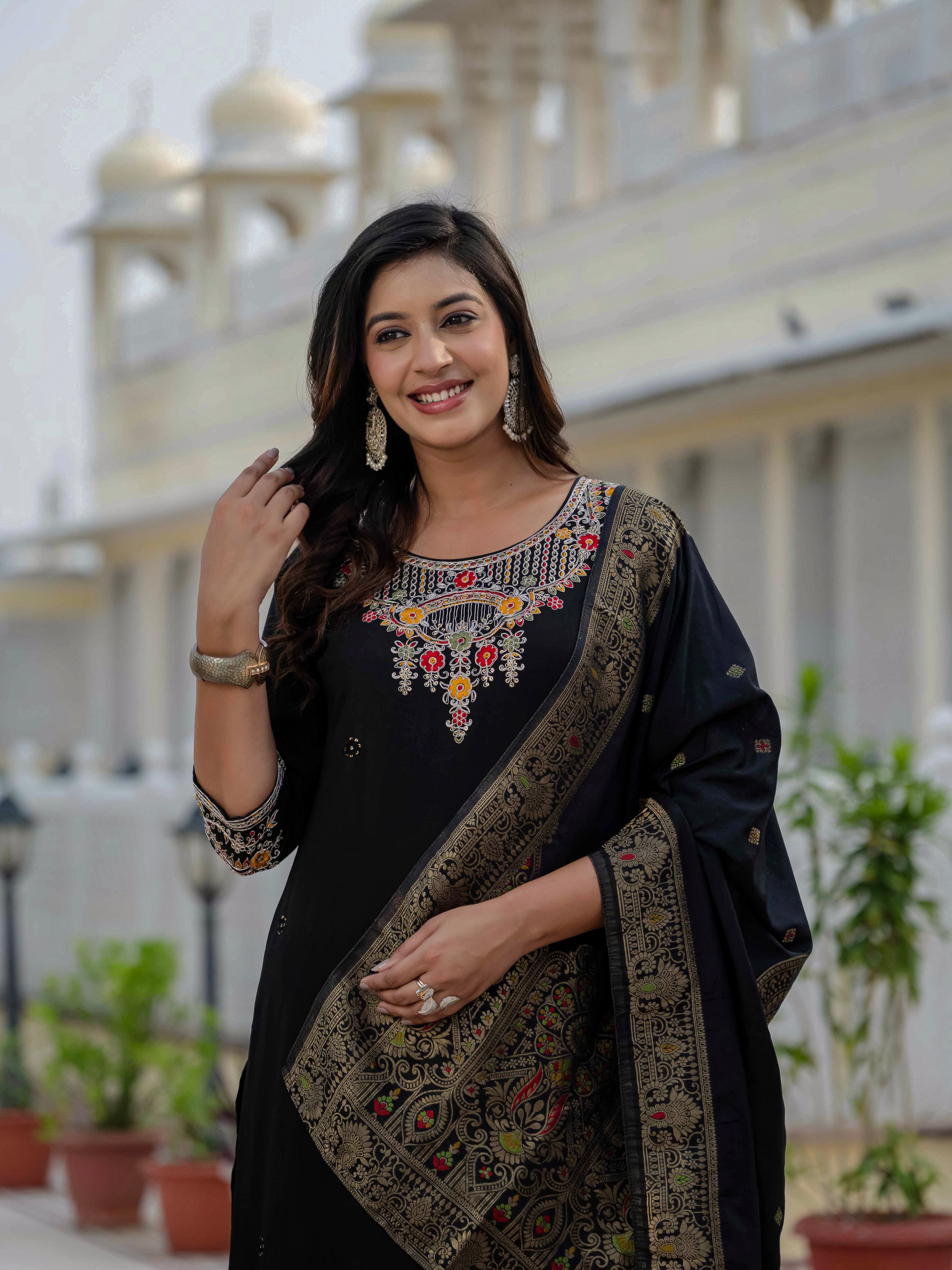 Roman Silk Kurti Pant Dupatta Set with Sequins Embroidery (Festive Wear)