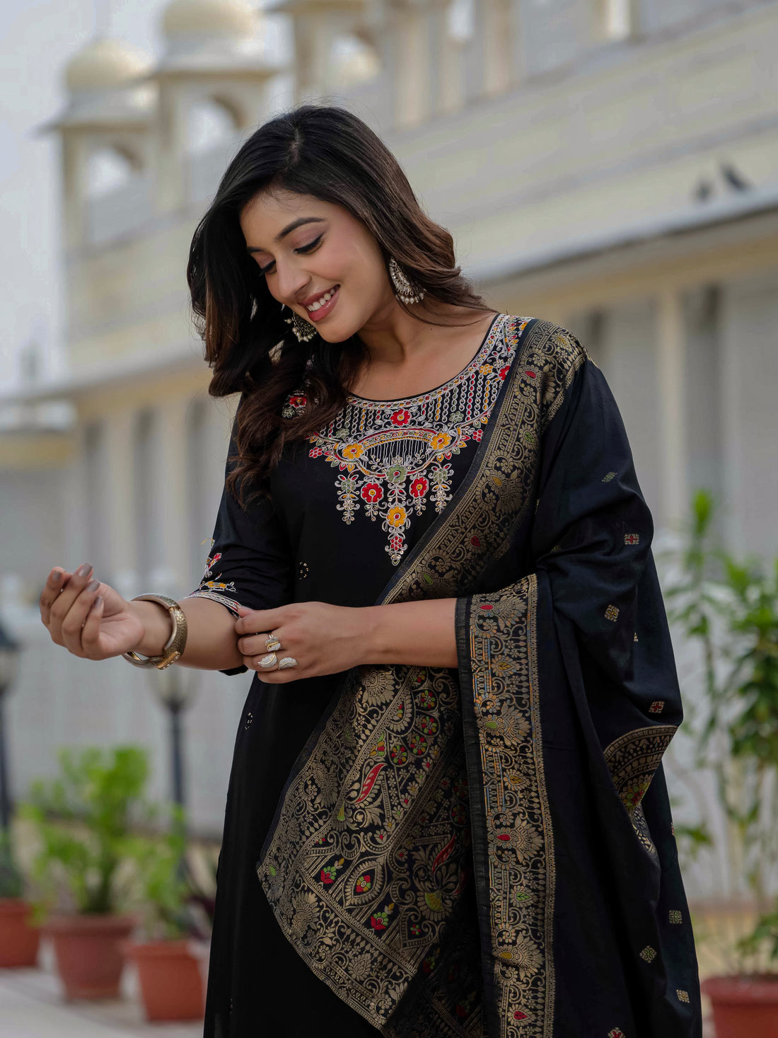 Roman Silk Kurti Pant Dupatta Set with Sequins Embroidery (Festive Wear)