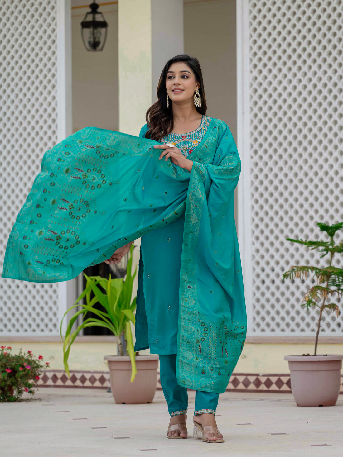 Roman Silk Kurti Pant Dupatta Set with Sequins Embroidery (Festive Wear)