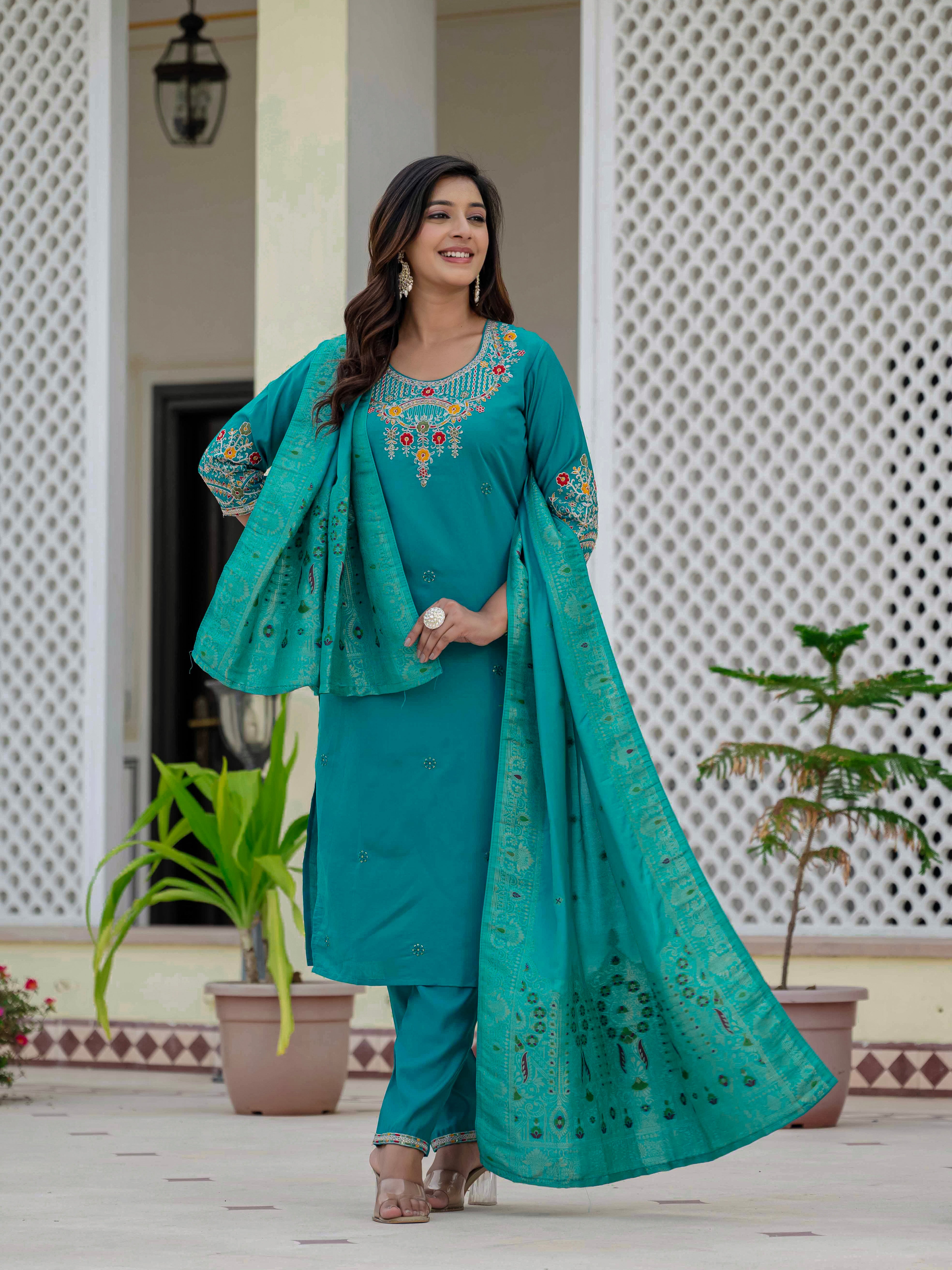 Roman Silk Kurti Pant Dupatta Set with Sequins Embroidery (Festive Wear)