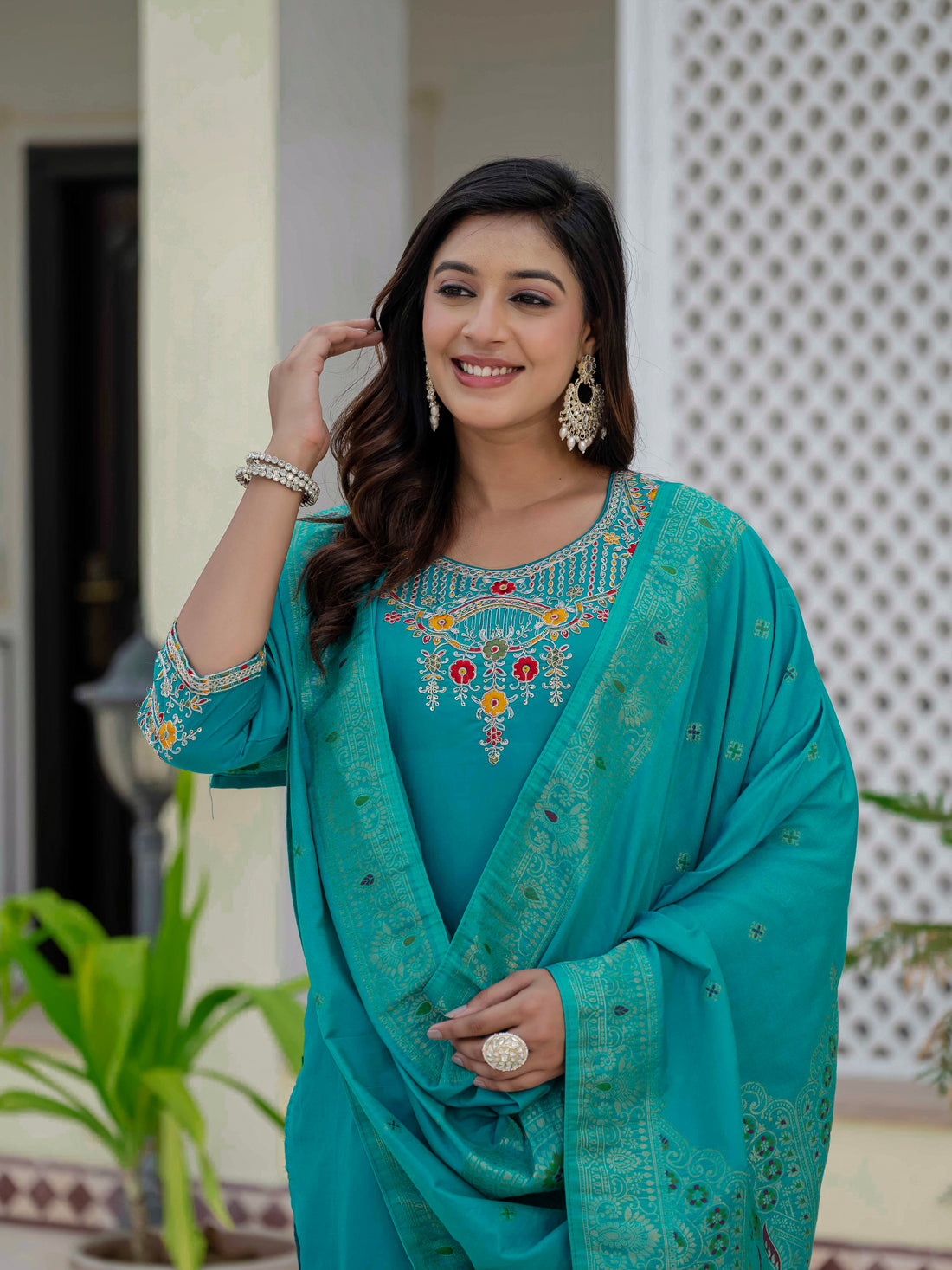 Roman Silk Kurti Pant Dupatta Set with Sequins Embroidery (Festive Wear)