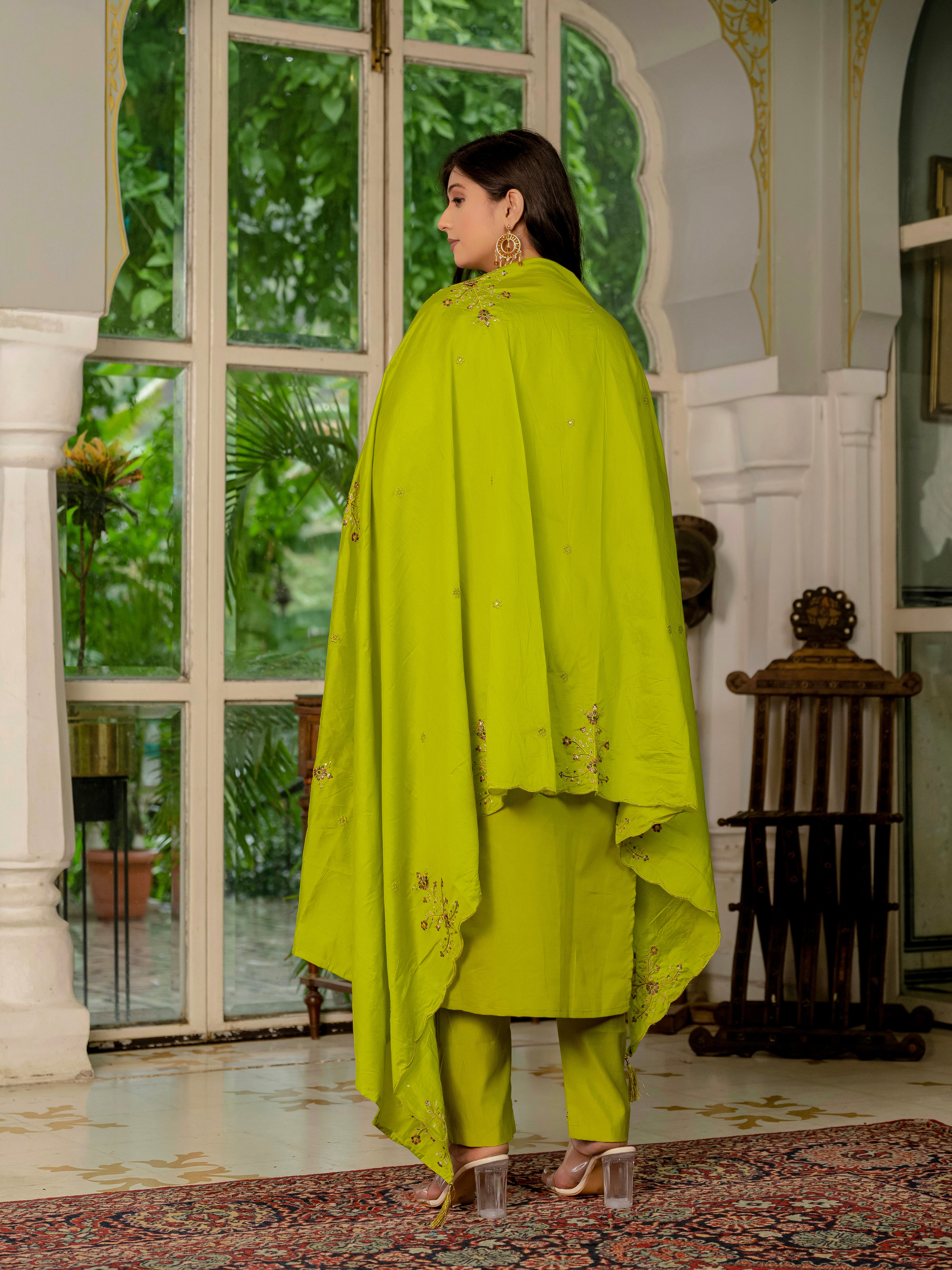 Royal Purple,Perrot,Musted Yellow, Green Embroidered Kurti Pant Dupatta Set | Premium Festive Wear